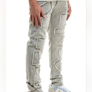 MITO Men's Skinny Fit Patch Work Jeans in Light Gray